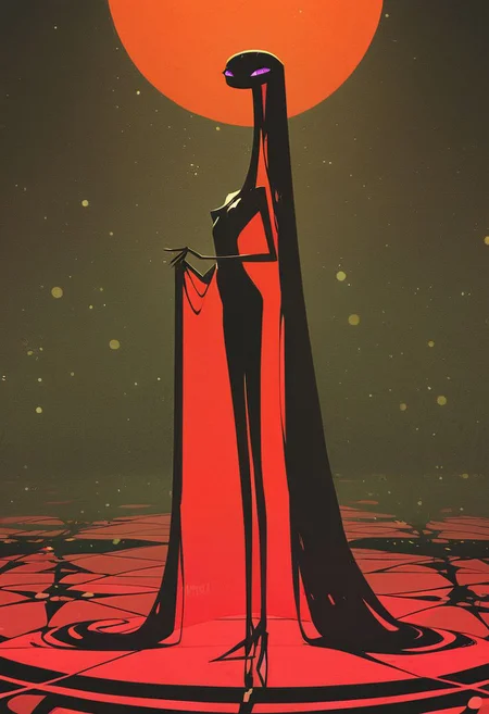 score_9, score_8_up, score_7_up, best quality, highest score, 1girl, looking at viewer, black silk dress, in nightclub, shiny skin, gainly woman, very long black hair, blunt bangs, narrow eyes, long eyes, half closed eyes, shoulderless dress, exposed shoulders, small breasts, shiny dress, very thick thighs (lights in dark background) (glittered background), black dress, sideless dress, purple eyes, extremely skinny body, (((very long legs))) (((super tall))), barefeet, menacing , long neck, slim neck, very slim body, standing
Perfect hands, detailed hands, sideview, arched back, crowded nightclub setting,