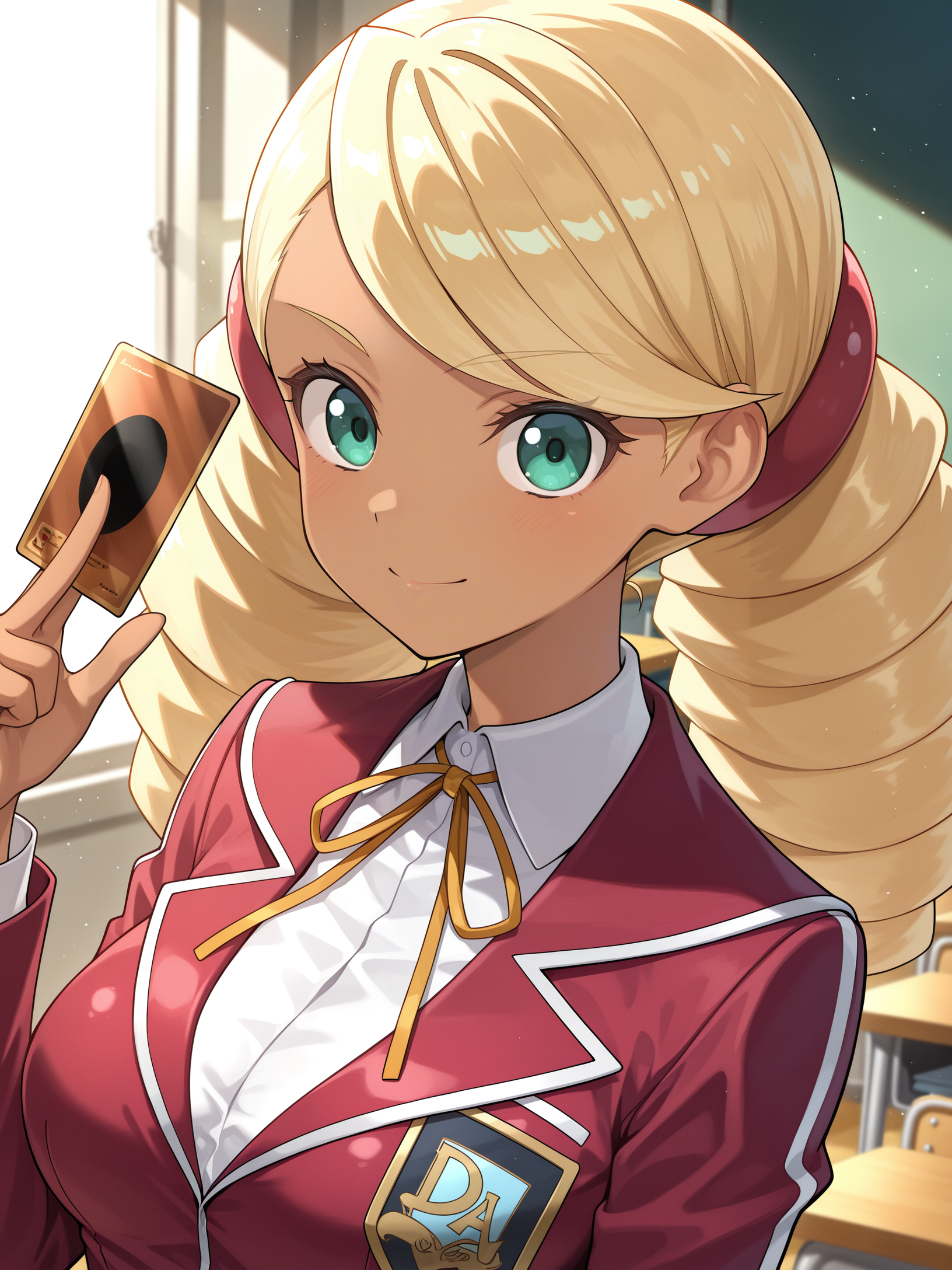 mei kitaki,dark-skinned female,1girl,solo,smile,looking at viewer,,upper body,classroom,medium breasts,duel academy uniform \(yu-gi-oh! 5d's\),yellow neck ribbon,red blazer,white collared shirt,red hairband, card \(yu-gi-oh!\), card between fingers, 
masterpiece,best quality,amazing quality,very aesthetic,absurdres,newest,<lora:Yukiko Umino & Mei Kitaki & XXXX  5 in 1 illusXL v1:0.72>,