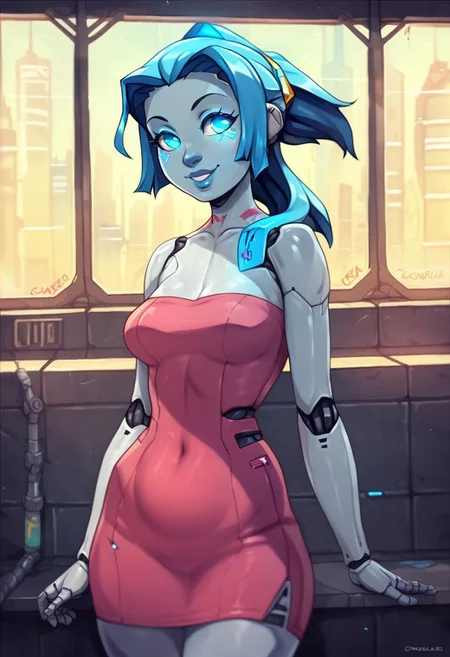 score_9, score_8_up, score_7_up, a cute girl smiling, viewed from behind, ;P, robot girl, android girl, (glowing blue eyes, cyan), (blue hair, cyan), robot joints, grey artificial metal skin, cyberware lines, cyberware lines on face, in a cyberpunk city, cyberpunk, neon lights, [[drawn by owler, drawn by cyancapsule, ]:0.6]  ((wearing a cute futuristic short strapless dress))
