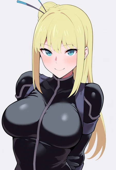 masterpiece, best quality, very aesthetic, absurdres,
1girl, nancylee, blonde hair, single hair bun, hair stick, blue eyes,
black bodysuit,
arms behind back, upper body,
smile, blush, looking at viewer, solo, simple background, white background, <lora:NancyLeeNoobXL_byKonan:1>