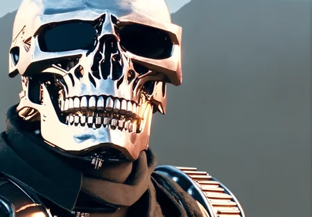 Portrait of a T-800, Terminator, skin over a Metal Skull, in mountains, symmetry, (cinemahelper:1.1)