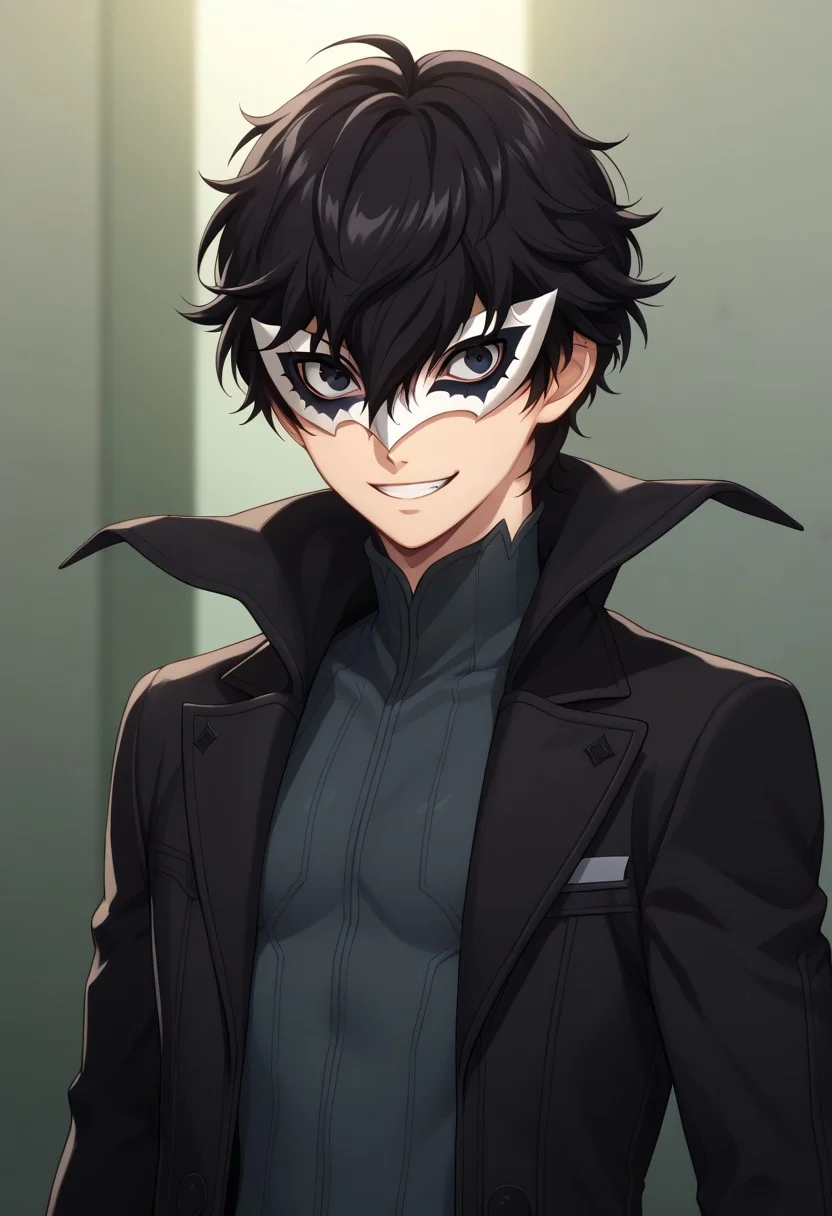 score_9, score_7_up, source_anime
renpers, 1boy, male focus, solo, black eyes, black hair, hair between eyes, short hair, joker outfit, mask, white mask, shirt, grey shirt, coat, black coat, high collar, open coat, open clothes, grin, looking at viewer, upper body,
indoor, darkness, shadows,