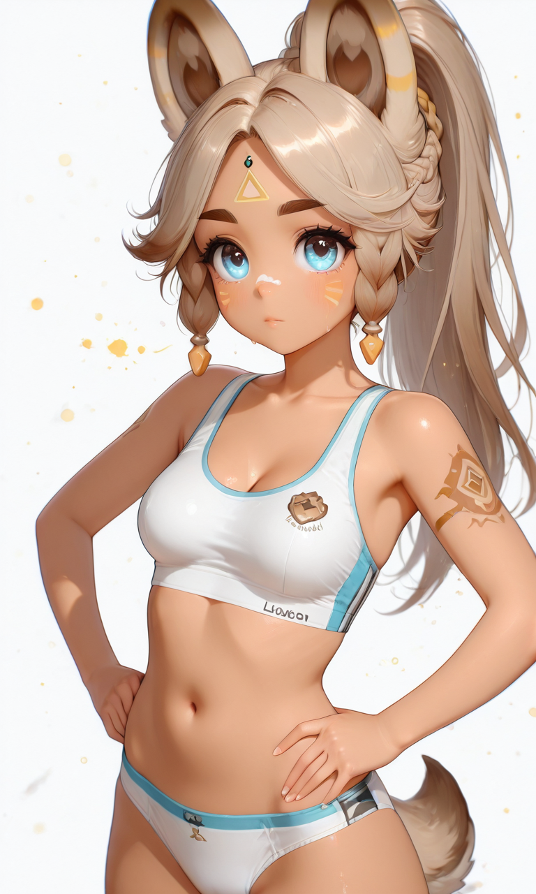 masterpiece, cute, lovely, (best quality:1.3), best quality, (amazing quality:1.3) ,very aesthetic, high resolution, absurdres, newest, 1girl, solo, perfect eyes, intricate eyes, Kachina_Genshin, animal ears, long hair, braid, high ponytail, brown hair, thick eyebrows, facial mark, blue eyes, parted bangs, tattoo, animal_tail, very cute, light particles, cute details, cute colors, (medium_breasts:1.3), BREAK, simple background, white background, half body, legs, white sport bra, white sport panties, standing, front-facing, looking at viewer, hands on hips