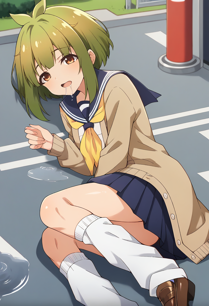 score_9, score_8_up, score_7_up, source_anime, masterpiece, 1girl, ct_bashame, brown cardigan, puffy sleeves, serafuku, blue sailor collar, yellow neckerchief, blue miniskirt, leg warmers, outdoors, city, depth of field, looking at viewer, portrait, shiny skin, loafers, lying, drool, puddle, on side, on ground,<lora:Bashame_Meme_pony_ct_ver2:1>