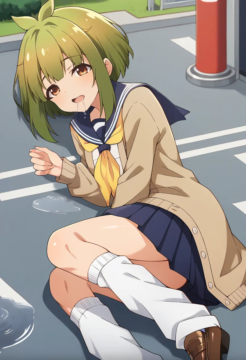 score_9, score_8_up, score_7_up, source_anime, masterpiece, 1girl, ct_bashame, brown cardigan, puffy sleeves, serafuku, blue sailor collar, yellow neckerchief, blue miniskirt, leg warmers, outdoors, city, depth of field, looking at viewer, portrait, shiny skin, loafers, lying, drool, puddle, on side, on ground,<lora:Bashame_Meme_pony_ct_ver2:1>