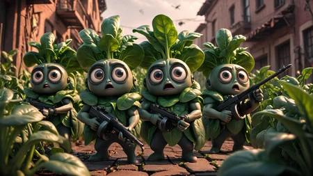cartoon, cinematic movie scene, group of tall spinach plants with big eyes and strong arms holding tmmygn submachine guns, serious expressions, dark and gritty,
<lora:Thompson_Submachine_Gun_-_1928_SDXL:0.8> <lora:Cute_3D_Cartoon:0.8>