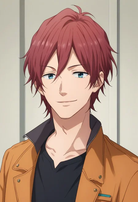 score_9, score_8_up, score_7_up, source_anime, highly detailed,
tomoya, 1boy, solo, male focus, red hair, blue eyes, shirt, black shirt, jacket, orange jacket, pants, upper body. smile