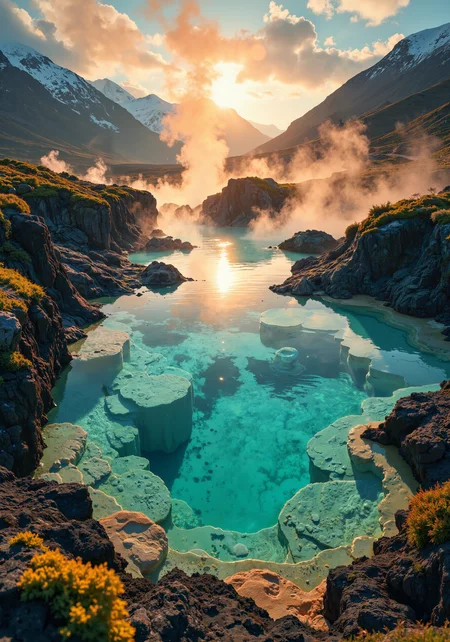 A low-angle perspective from the edge of a geothermal pool, capturing turquoise waters swirling with opalescent mineral deposits under a mist-shrouded dawn. Steam rises in delicate tendrils, backlit by golden sunlight piercing through jagged volcanic rocks adorned with emerald moss and sulfur-yellow crustations. The composition frames a sweeping vista of terraced pools cascading into a valley flanked by snow-dusted peaks, their reflections fractured by the water's iridescent surface. Ultra-detailed textures reveal crystalline mineral formations, feathery lichen clusters, and the glassy smoothness of obsidian stones submerged in ultramarine depths. 8k resolution accentuates the interplay of warm geothermal hues against cool alpine shadows, with dynamic depth of field blurring distant fumaroles emitting ghostly vapors. Masterpiece-quality rendering highlights chromatic contrasts between fiery ochre sediments, viridian vegetation clinging to basalt cliffs, and the pool's surreal cyan gradients, all unified under a soft-focus sky streaked with coral-hued cirrus clouds. <lora:飿 ¼å-è¶
ç°å®:0.8> <lora:Anime v1.3:0.4> <lora:Fluxartis 28.11A:0.1> <lora:RM_Animefy_v1.0M:0.6> <lora:RM_Enhancer_v1.0_bf16:0.3> <lora:flux_dev:1>