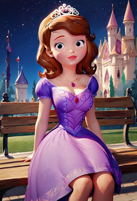 score_up_8, score_up_9, 1girl, violet dress, sofia_the_first, tiara necklace, brown hair, medium breasts,, background near castle, poring rain, night sky, at park, sitting on bench, looking at viewer, huge cleavage