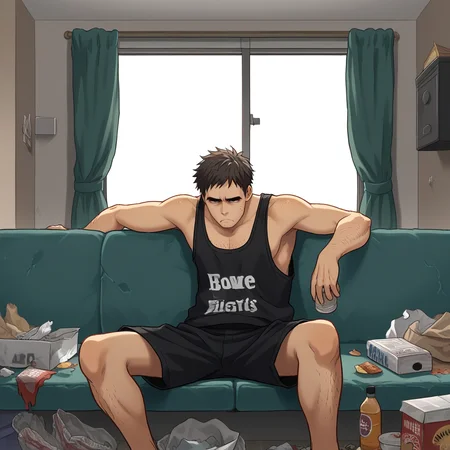 score_9, score_8_up, score_7_up, score_6_up, score_5_up, score_4_up, zPDXL2,source_anime,rating_questionable, 1boy, solo, singlet, stubble, tired, scowl, cowboy shot, couch, window <lora:Messy_Room:0.8> m3ss, indoors, messy room, trash, food, magazines, bottle, mess,