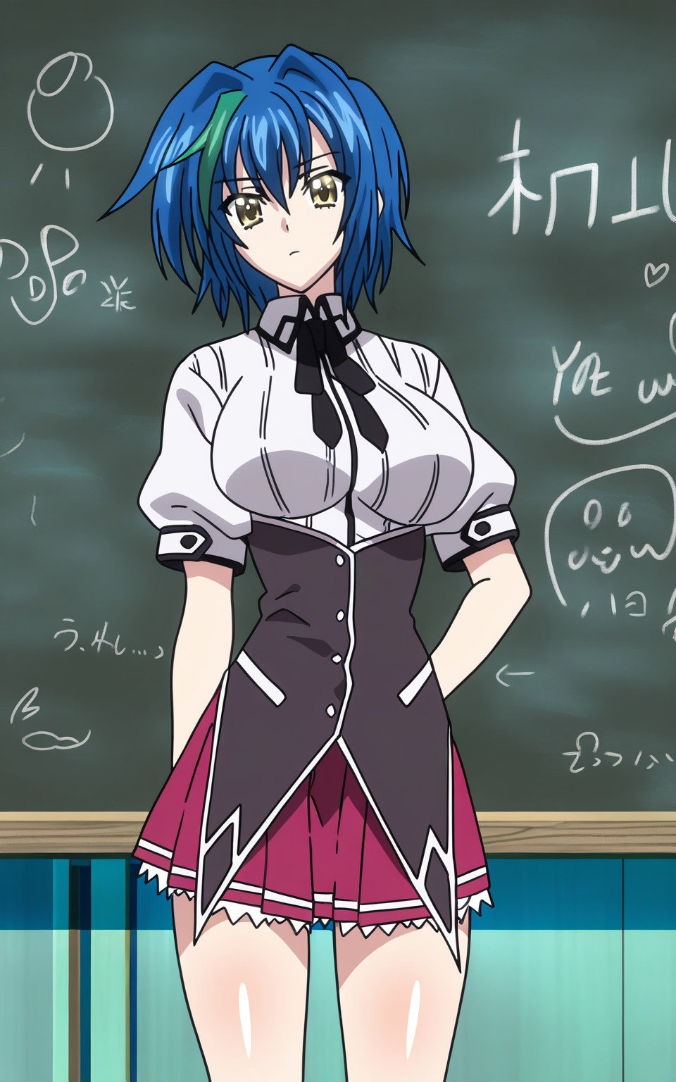 masterpiece, detailed, hgsdxd artstyle, hgsdxd artstyle, 1girl, solo, quartaxenovia, seiseixx body, large breasts, looking at viewer, short hair, blue hair, multicolored hair, green hair, two-tone hair, streaked hair, skirt, kuougakuen uniform, yellow eyes, standing, (cowboy shot), classroom, chalkboard, indoors, <lora:hgsdxd-nbai:1>