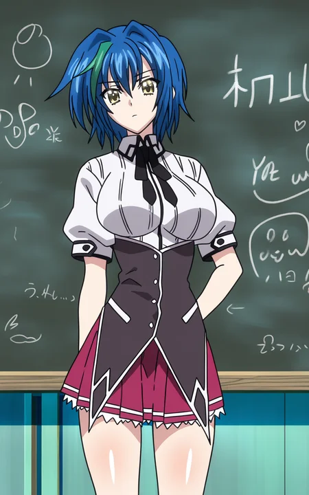 masterpiece, detailed, hgsdxd artstyle, hgsdxd artstyle, 1girl, solo, quartaxenovia, seiseixx body, large breasts, looking at viewer, short hair, blue hair, multicolored hair, green hair, two-tone hair, streaked hair, skirt, kuougakuen uniform, yellow eyes, standing, (cowboy shot), classroom, chalkboard, indoors, <lora:hgsdxd-nbai:1>