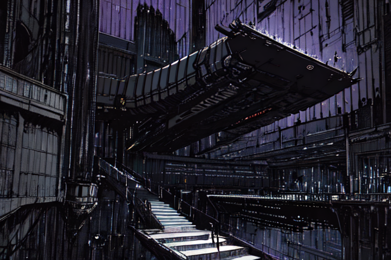 highly insanely detailed, masterpiece, top quality, best quality, highres, 4k, 8k, RAW photo, (very aesthetic, beautiful and aesthetic),  
tsutomu nihei,nihei_tsutomu,blame!,blame gakuen!,abara,TNstyle,sidonia_no_kishi,(giant room,megastructure in background,hangar,stairs,space,spacecraft),dark background,no human,dystopia,destroyed,vast scenery,perspective,blm,cyberpunk, 
<lora:blameLora_v10:1>, 
(1girl:1.3), 
solo focus, 
radiant purple background,âââ