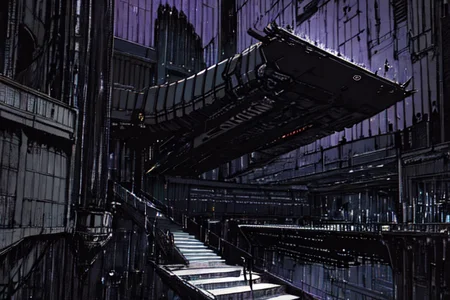 highly insanely detailed, masterpiece, top quality, best quality, highres, 4k, 8k, RAW photo, (very aesthetic, beautiful and aesthetic),
tsutomu nihei,nihei_tsutomu,blame!,blame gakuen!,abara,TNstyle,sidonia_no_kishi,(giant room,megastructure in background,hangar,stairs,space,spacecraft),dark background,no human,dystopia,destroyed,vast scenery,perspective,blm,cyberpunk,
<lora:blameLora_v10:1>,
(1girl:1.3),
solo focus,
radiant purple background,âââ