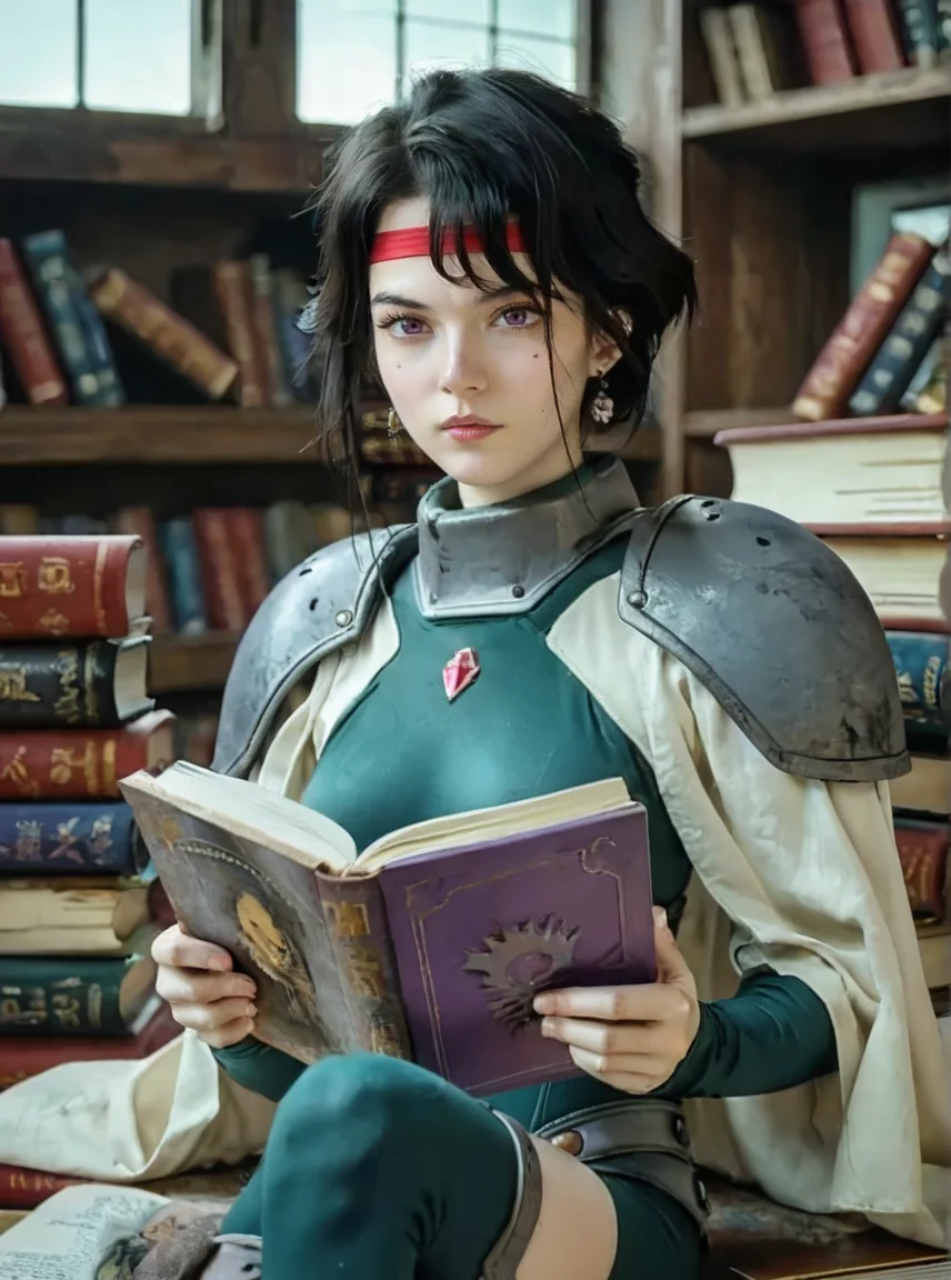score_9, score_8_up, score_7_up, score_6_up, realistic,
Afura_Mann, 1girl, black hair, short hair, bangs, red stripe on the forehead, purple eyes, mole on the left cheek, pale skin, light lipstick, earrings, short white cape, green leotard, gray shoulder armor, sitting next to a window, reading a book, thigh, library
<lora:zy_Realism_Enhancer_v1:0.8>  <lora:Afura_Mann:0.7>