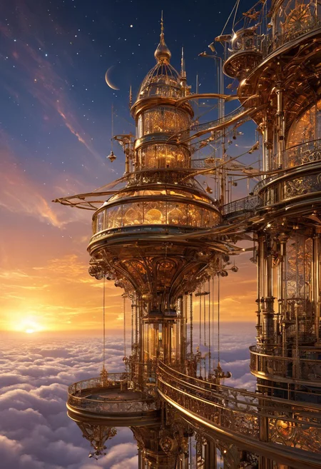 Colossal clockwork fortress, intricate gears and mechanisms visible through transparent crystal walls, spiraling copper towers with rotating astronomical instruments, suspended in a perpetual sunset sky. Massive pendulums swing between arches of polished brass, while steam-powered elevators traverse the structure's many levels. Floating platforms of burnished gold orbit the main edifice, connected by bridges of shimmering energy. Holographic star charts project from ornate spires, casting ethereal constellations across the surrounding cloudscape. Timepiece-inspired architecture blends seamlessly with futuristic elements, creating a harmonious yet surreal aesthetic. Atmospheric mist swirls around the lower levels, partially obscuring a foundation of ever-shifting temporal sand. 8K resolution, hyper-detailed steampunk style, dynamic lighting emphasizing the interplay of metal and crystal.
