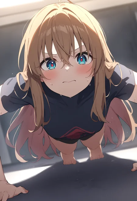 1girl,sincos, ningen mame, toosaka asagi,solo,medium breasts,
push-ups, sweat, exercise, all fours, arm support,<lora:push-ups_XL_v1:0.7>
dutch angle, feet out of frame, looking at viewer, dark persona, closed mouth,
best quality, very aesthetic, absurdres,