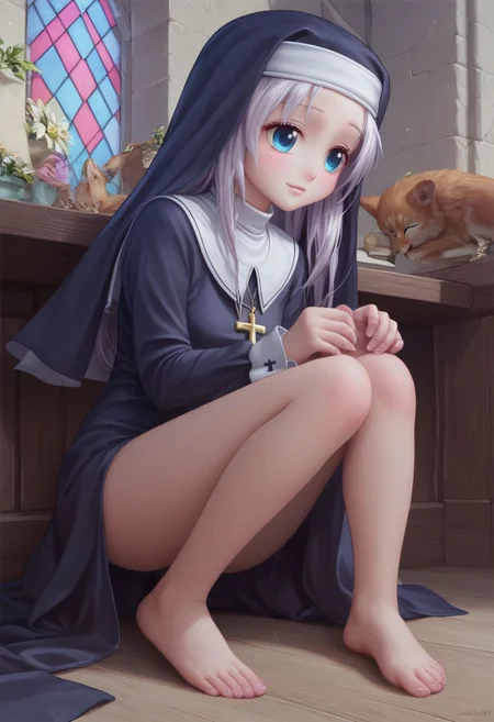score_9, score_8_up, score_7_up, maria, nun,1girl, long hair, detailed blue eyes, cute, adorable, innocent, full body shot, detailed, pure, soft, sitting