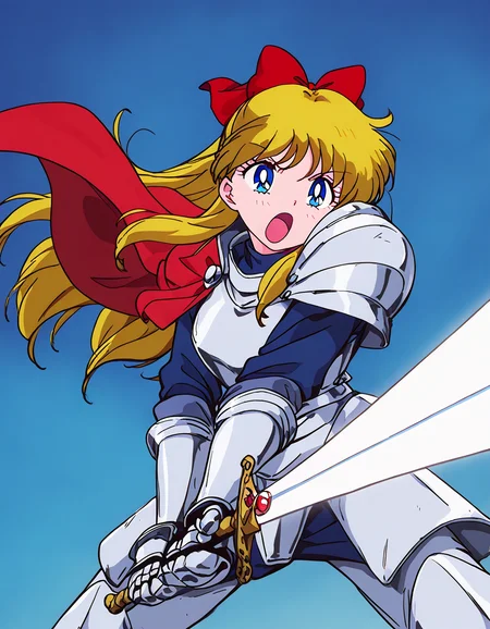 masterpiece, best quality, newest, absurdres, highres, safe,, <lora:minako-aino-s3-ponyxl-lora-nochekaiser:1>, minako aino, blonde hair, blue eyes, bow, hair bow, half updo, long hair, red bow, tiara, medium breasts,, <lora:sunrise-stance-illustriousxl-lora-nochekaiser:1>, sunrise stance, weapon, sword, solo, open mouth, holding weapon, holding, holding sword, <lora:knight-ponyxl-lora-nochekaiser:1>, knight, armor, cape, shoulder armor, gauntlets, helmet, pauldrons, red cape,, ,