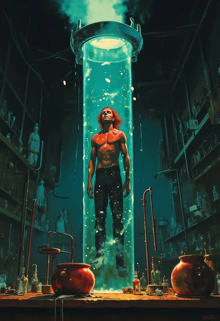 Vector art, uhd, 8k, 4k, epic, dramatic, 4k quality, (Perfect hand:1.4), (masterpiece), (superhero), detailed, ghiblistyle, Perfect hand
Rendered in a style redolent of Impressionism, the painting utilizes a vibrant.
A man with long red hair floats in a large test tube filled with water in a dark evil lab. Lab equipment sits on a messy table nearby. The overall mood is ominous.