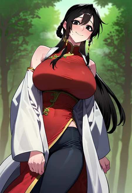 score_9, score_8_up, score_7_up, score_6_up, source_anime, rating_explicit, <lora:neg4all_bdsqlsz_V3.5:2.0>1girl, (solo:1.1), huge breasts, <lora:Naksowolponyxl:1> black hair, long hair, black eyes, braid, hair tubes, chinese clothes, pants, long sleeves, smile, Narrow shoulders, heavy breathing, sweat, steaming body, forest, outdoor, looking at viewer, pov