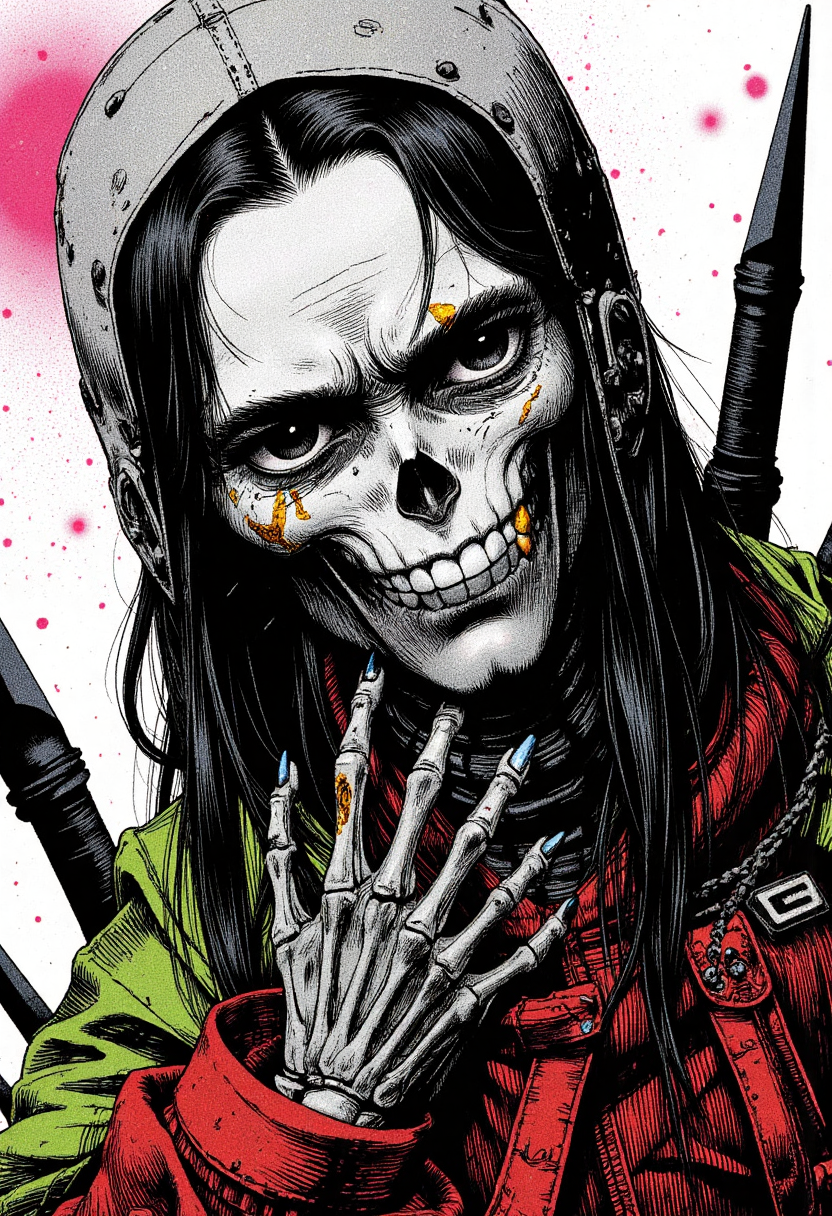 Nistyle, monochrome manga sketch, extreme face close-up of a weathered skeleton with an unnerving smile with missing teeth and striking features. The skeleton has one gold-colored tooth made of gold and wears the remains of a tattered cloak with sci-fi elements. The eyes are shaded, sad and pained, with a contagious sorrow accentuating the intense gaze. The sketch is hyper-detailed in manga style, featuring a vibrant neon fluorescent gradient background in bleached tones, combined with gray and white color grading for a dramatic effect. <lora:test2-000013-nistyle:0.8><lora:Reticulating_Noise_Gradient_Flux:0.3> Reticulating Noise Gradient, noisy, grain-shaded gradient, vibrant neon fluorescent hues, grainy, pixelated texture, filter-enhanced, stylized image, monochromatic color scheme, neon fluorescent theme,<lora:Wiz-Arcana-Spectral_Glow:0.35> spectral glow, chromatic grain, motion blur, diffuse silhouette, light leak effect, prism effect, inverted negative film, ethereal<lora:petra-collins-flux1-dev-v1-000180:0.5> in the style of petra-collins