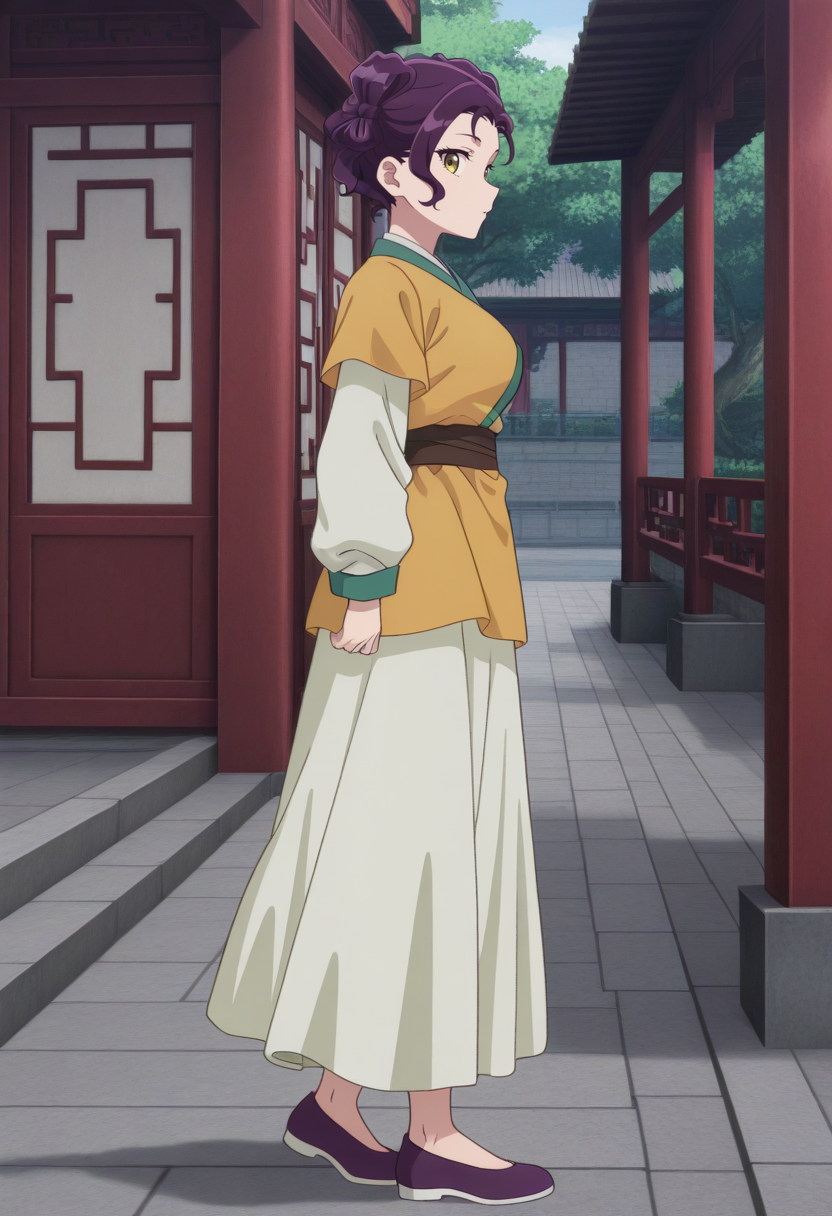 newest, masterpiece, best quality, 4k,
outdoors,, very aesthetic, detailed background, full body,from side,
1girl, solo,   <lora:Shisui:1> shusu1, purple hair, short hair, hair bun, double bun, , yellow eyes, Chinese clothes,layered sleeves, short over long sleeves,yellow hanfu,purple footwear,looking at viewer,