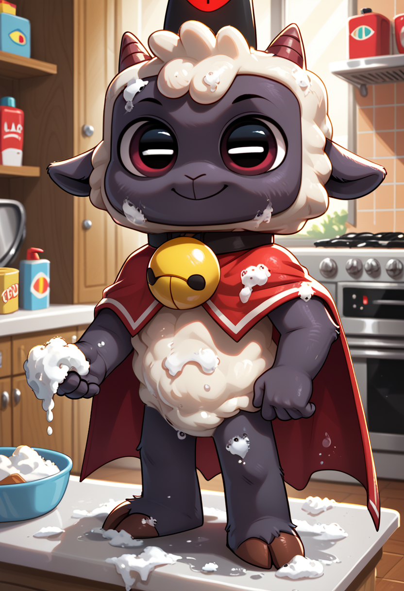 score_9, score_8_up, score_8,   <lora:Lambert:0.8> furry, l4mb, lamb, horns, solo, neck bell, cape,  kitchen, washing dishes, soap, soap on body, smile,
