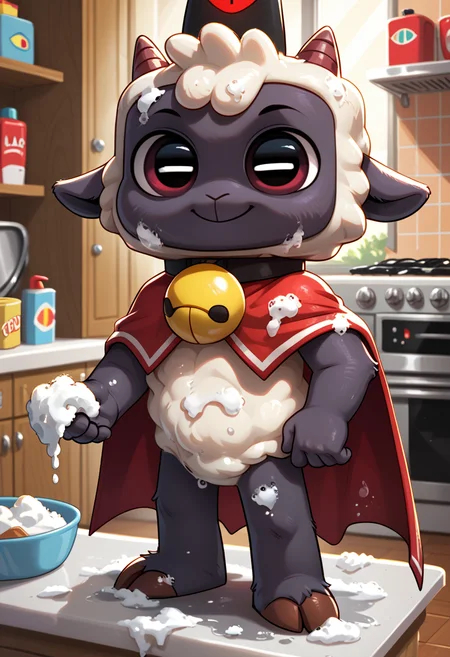 score_9, score_8_up, score_8,   <lora:Lambert:0.8> furry, l4mb, lamb, horns, solo, neck bell, cape,  kitchen, washing dishes, soap, soap on body, smile,