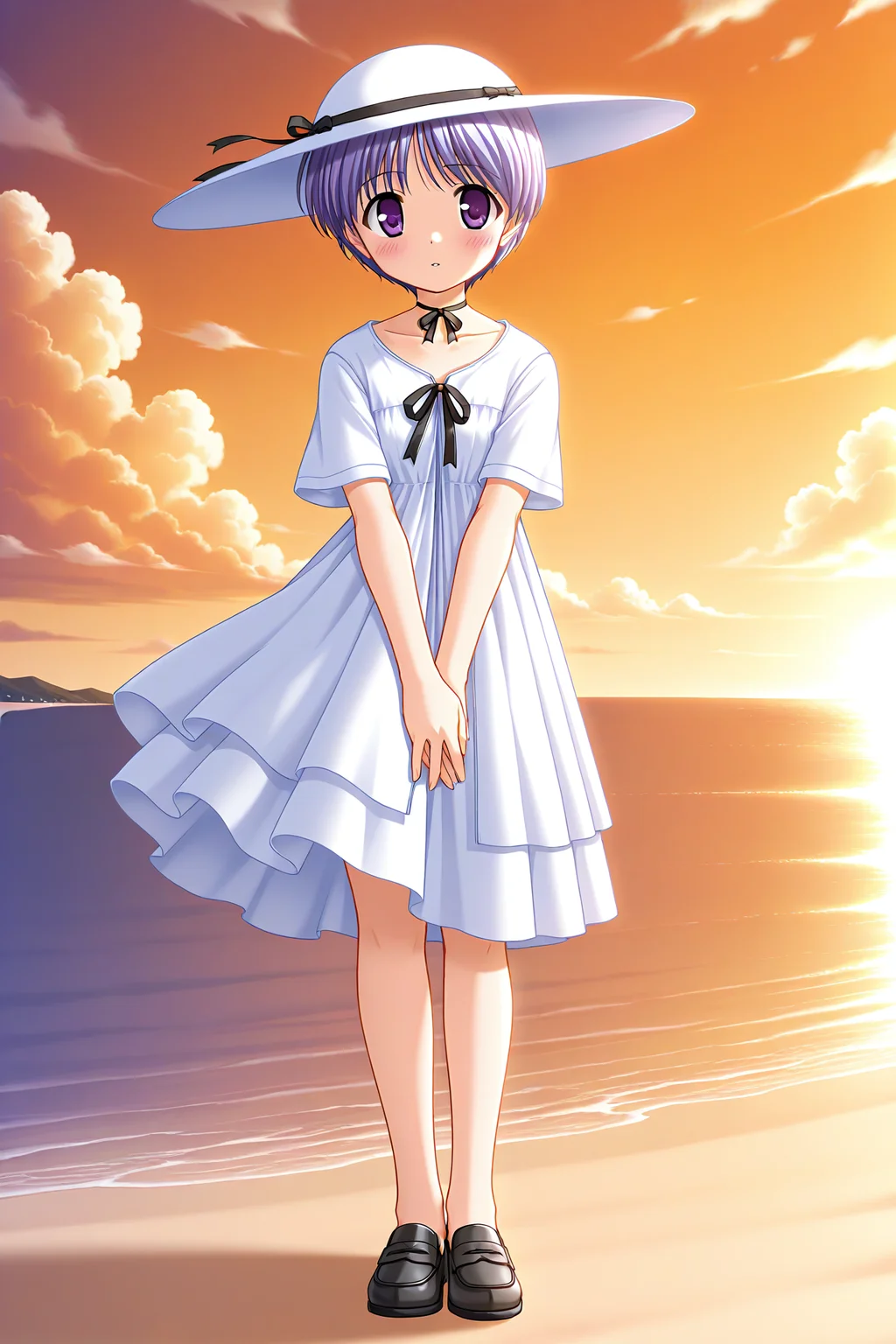 masterpiece, best quality, absurdres, official art, official style, rating general BREAK <lora:tachibanachihiro_IL_v1-3:0.7>, tachibana chihiro, 1girl, solo, purple eyes, light purple hair, short hair, bangs, flat chest, sun hat, hat ribbon, ribbon choker, black choker, neck ribbon, black ribbon, breast ribbon, (white jacket:1.2), short sleeves, white sundress, long dress, (layered dress:1.2), shoes, loafers, collarbone, black footwear, wind lift, own hands together, own hands clasped, interlocked fingers, blush, expressionless, standing, looking at viewer, parted lips, full body, outdoors, cloudy sky, orange sky, twilight, evening, sand, shore, beach, ocean, sunset, horizon, dutch angle, close-up
