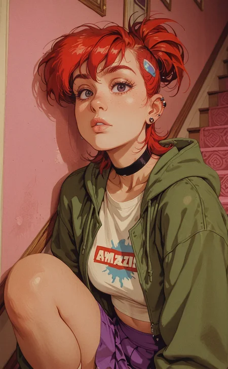 (An amazing and captivating illustration:1.4), absurdes, 4k, 2d, trending on artstation, deviantart, pastels, retro, retro_artstyle, pluvium_grandis, painterly, brushstrokes, textured, blocky, 
1girl, solo, frankie foster, detailed eyes, looking at viewer, dark eyes, perfect eyes, red hair, straight hair, updo,  cute girl, ear piercings, ear clip, multiple piercings, choker, black choker,   nerd, white crop top, cropped shirt, purple skirt, green hooded jacket, baggy hoodie, open jacket, one knee up, sitting on stairs, against wall,
((close-up, portrait, face focus, upper body)), side-view, no lineart, mansion interior, pink walls, pink carpet, staircase, shadows, dusty, soft glow, shadows, retro_artstyle, retro, soft background, atmospheric, cinematic lighting,
masterpiece, best quality, amazing quality, very aesthetic, absurdres, newest,
<lora:MoriiMee_Gothic_Niji_Style_Illustrious_r1:0.6>  <lora:retro_scifi_artstyle:0.7> <lora:Bluethebone:0.7> <lora:Incase_New_Illust:0.3>