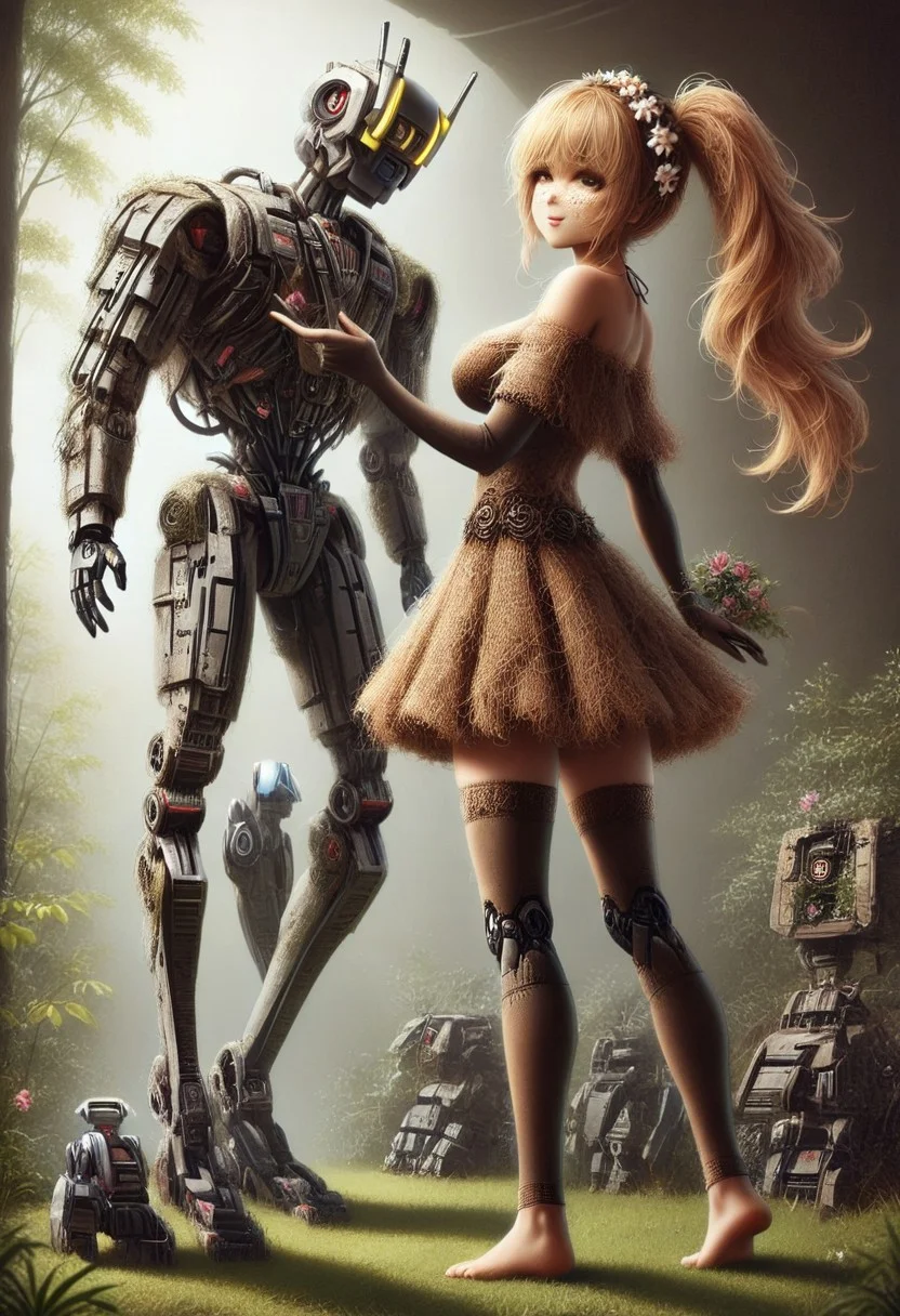 pamcocomat, Masterpiece, detailed, beautiful, realistic photo, (robot:3), solo, soft sunlight, serene expression, ethereal aura, flowing locks, floral headband, off-the-shoulder top, billowing sleeves, delicate lace details, dainty necklace, freckles dusting across nose and cheeks, rosy lips, gentle smile, slender arms, wrists adorned with bangles, fingers tracing patterns in the air, bohemian skirt swaying around slender thighs, bare feet grazing over grass, peaceful contemplation, 34 years old, Ultra detailed photo realistic background, realistic high detailed beautiful face, anatomic correct bodies, extremely realistic, lots of detail, strong, athletic, epiCPhotoGasm-colorfulPhoto, cyberpunk, lightstreak, holodrift, cablelink, sexyblonde, milf, st._louis_\(azur_lane\),side_ponytail, elbow_gloves, taut_clothes. NijiEX style, ohwx woman, cyberbody, neonbody, cablelink, fully dressed.