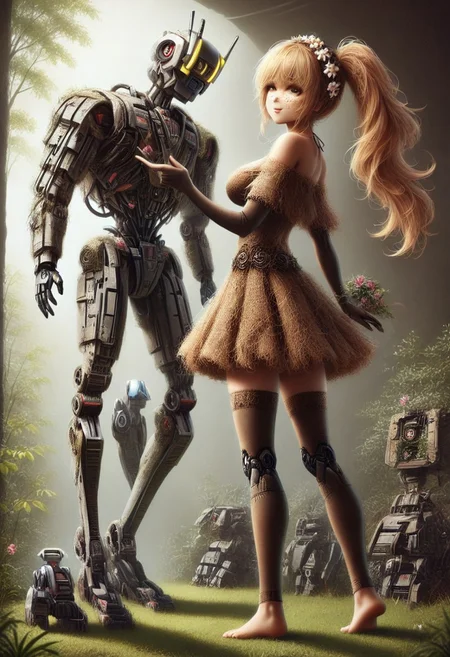 pamcocomat, Masterpiece, detailed, beautiful, realistic photo, (robot:3), solo, soft sunlight, serene expression, ethereal aura, flowing locks, floral headband, off-the-shoulder top, billowing sleeves, delicate lace details, dainty necklace, freckles dusting across nose and cheeks, rosy lips, gentle smile, slender arms, wrists adorned with bangles, fingers tracing patterns in the air, bohemian skirt swaying around slender thighs, bare feet grazing over grass, peaceful contemplation, 34 years old, Ultra detailed photo realistic background, realistic high detailed beautiful face, anatomic correct bodies, extremely realistic, lots of detail, strong, athletic, epiCPhotoGasm-colorfulPhoto, cyberpunk, lightstreak, holodrift, cablelink, sexyblonde, milf, st._louis_\(azur_lane\),side_ponytail, elbow_gloves, taut_clothes. NijiEX style, ohwx woman, cyberbody, neonbody, cablelink, fully dressed.