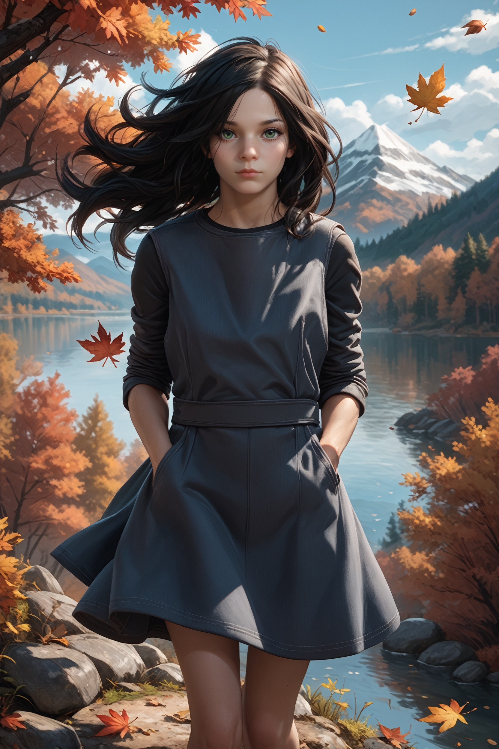 score_9, score_8_up, score_7_up, score_6_up
<lora:RE7Eveline:0.8>
RE7Eveline, 1girl, black hair, long hair, green eyes, looking at viewer, hands in pocket, outdoors, autumn, lake, tree, mountain, falling leaves, wind
