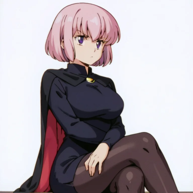 score_9, score_8_up, score_7_up, source_anime, best quality, masterpiece, uncensored, BREAK, Kyoko Otonashi, 1 woman, older female, adult female, very tall female, solo, looking at my eyes, serious, big hair, pink hair, bluish purple eyes, small eyes, bob cut, black dress, black cape, long sleeve, black tights, big breasts, slender constriction, sitting, crossed legs, pale color background, simple background, <lora:Kyoko_Otonashi:0.8>