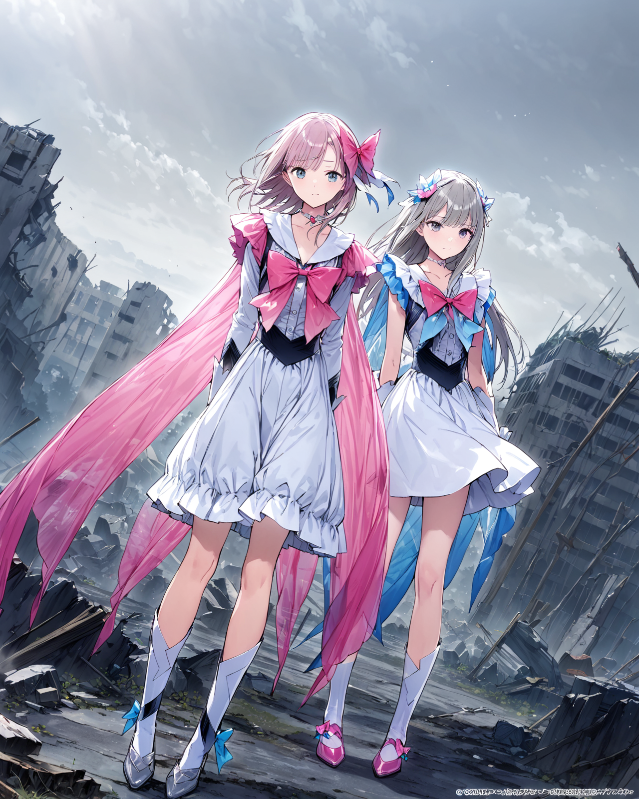 masterpiece, best quality, absurdres, very authentic, general, 2girls, official art, outdoors, ruins, grey sky, magical girl, <lora:KishidaMel-anxl31-000036:1>,