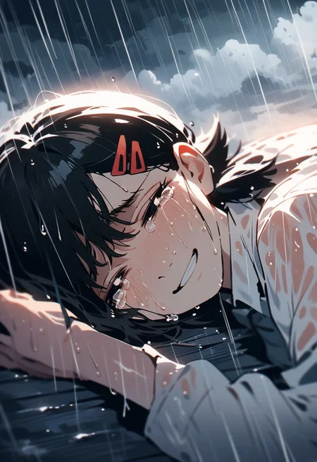 (illustration, 1girl, higashiyama kobeni, chainsaw man, tears, smile, lying on side, cloudy sky, rain, sunlight, wet, sad, masterpiece)