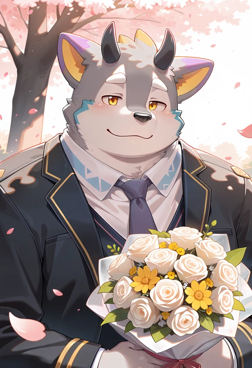 masterpiece, dreamlike atmosphere, vibrant, detailed, absurdres, highres, amazing_quality, best quality, <lora:belphegor-15A:1> hbelp, dog_boy, 1boy, solo,
, school uniform, black blazer, upper body, half-closed eyes, closed mouth,
, falling petals, dappled sunlight, light smile, holding bouquet, big bouquet,