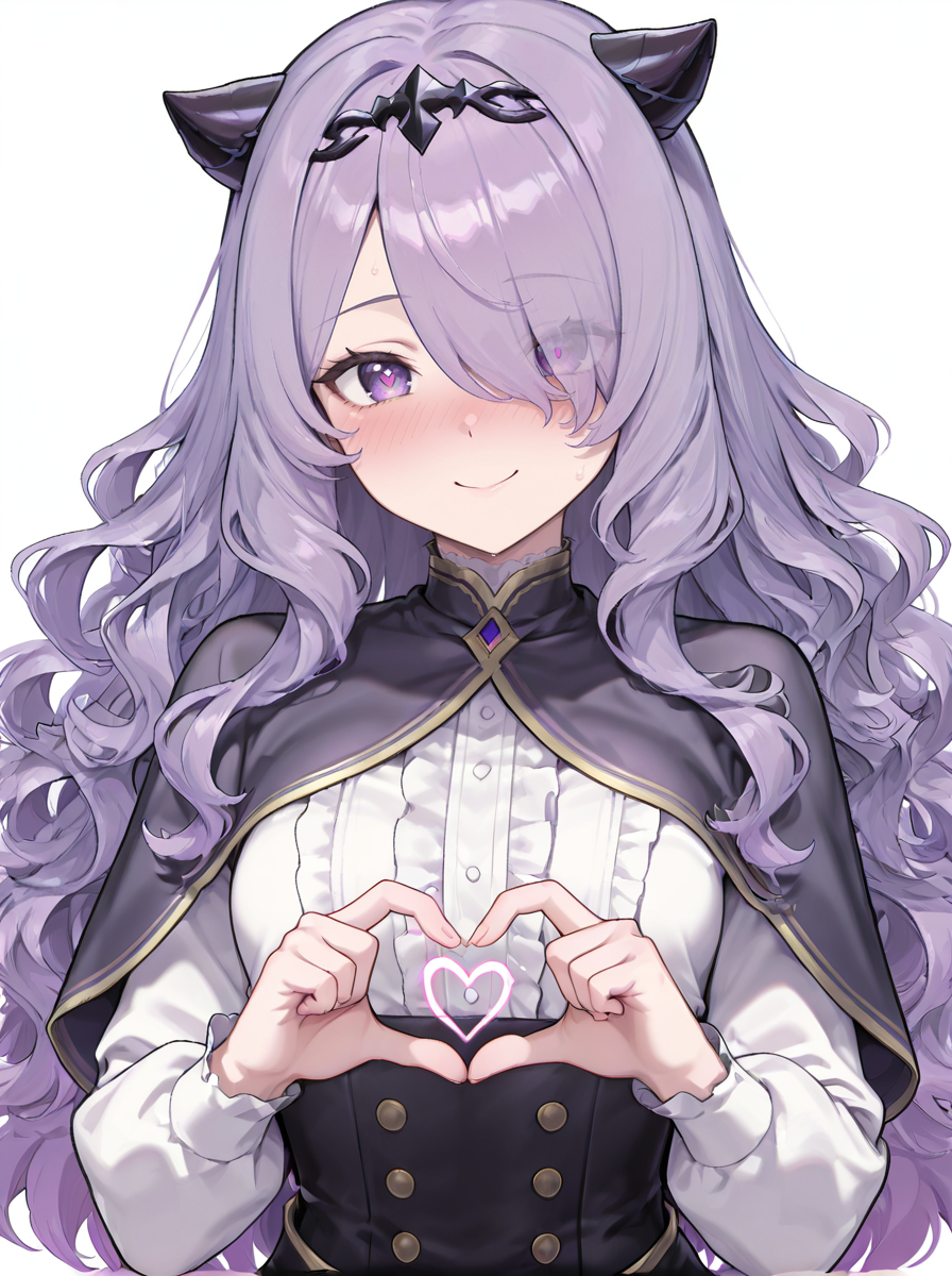 masterpiece, best quality, amazing quality, very aesthetic, absurdres, newest,shiny skin  anime screenshot,  anime coloring,   <lora:CamillaTest:1>camillanew, purple hair, long hair, hair over one eye, solo, purple eyes, wavy hair, capelet, simple background, , smile,  upper body,  white background,  nose blush, small breasts, heart hands,