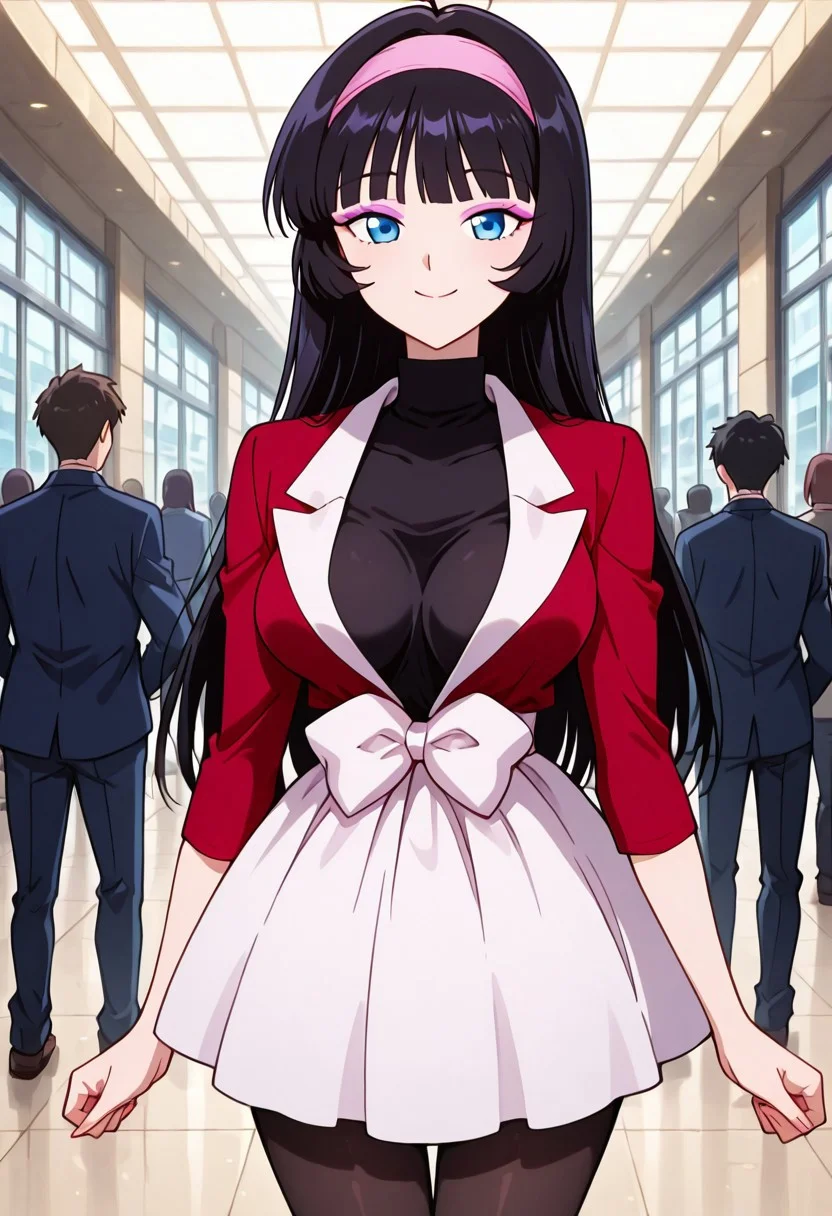 <lora:anime_screencap-Illustrious:1>, anime screencap, anime coloring, cinematic light, amazing quality, very aesthetic, absurd resolution, masterpiece, 4k resolution, perfect anatomy, perfect eyes, (hand with four fingers and one thumb), BREAK 1girl, 3/4 body shot, <lora:trixie_adult_cartoon-04:1.0>, TrixieFOP, source_cartoon, official style, black hair, long hair, blunt bangs, blue eyes, pink headband, lilac eyeshadow, tall female, slim sexy body, medium breasts, standing, looking at viewer, Smile, Closed mouth, (<lora:red_outfit_ill-06:1>, (red dress, plunging neckline, red sleeves, sleeves past elbows, white lapels, large lapels, white skirt, miniskirt, waist bow, large bow, white bow,), (black shirt, turtleneck, sleeveless,), black pantyhose, ), breast focus, BREAK (public mall, indoors, multiple men, townspeople, casual clothes,),