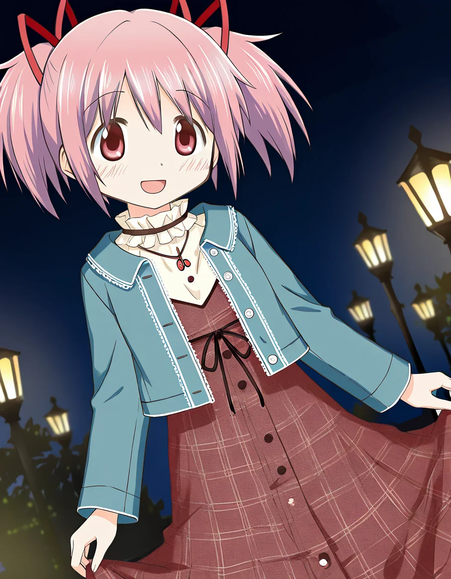 masterpiece, best quality, newest, absurdres, highres, safe, 1girl, kaname madoka \(casual costume\), magia record: mahou shoujo madoka magica gaiden, smile, open mouth, solo, night, outdoors, dutch angle, <lora:20241222214529_kaname_madoka_noobaiXLNAIXL_vPred10Version:0.7>