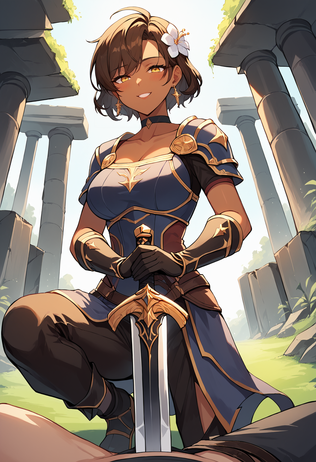 score_9, score_8_up, score_7_up, rating:safe, source_anime, ultra details,masterpiece,4k,best quality, hires,both-hand-hilt, planted sword, hands on hilt,holding sword, mature female,1girl,1boy, dark-skin,dark-skinned female, yellow eyes, cute lips, brown hair, medium hair,sword,hair flower, fantasy,shirt, pants, (gloves:1.1), choker,angle shot, (pov:1.2), blush, naughty face, seductive smile, ruins,forest, (on one knee:1.2), holding sword, torn clothes, armor,pov crotch, defeated, from below
<lora:Anime Style LoRA XL:0.8>  <lora:Both hand planted sword (pony) v1:1>