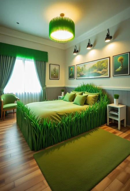 This is a photograph of a green grass themed room with a unique, grass-shaped bed as the central focus, with grass pillows. There is a grass-shaped lamp, grass-shaped chair, grass-shaped ceiling light, and grass-themed curtains.