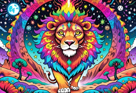 A huge incredible lion is walking along the colorful psychedelic dunes. the lion's mane shimmers with all the colors of the rainbow. it feels like a lion is burning with a multicolored flame. background: a black night with rare large stars. the inscription on the picture: "Graógramán" (the whole picture resembles an acid trip. front view)