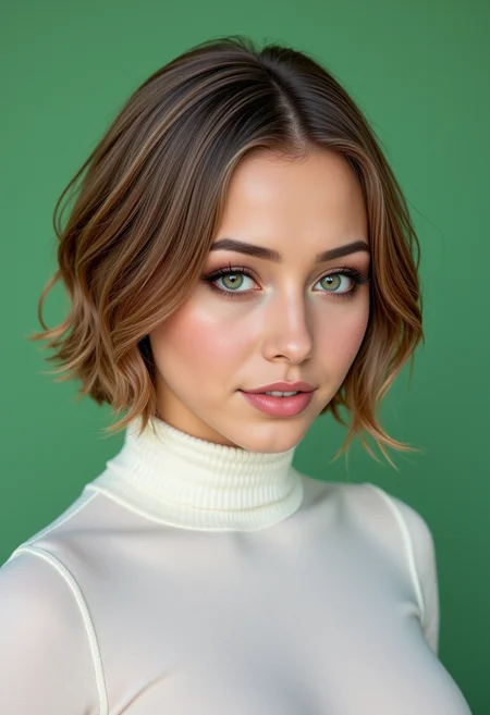 Headshots,masterpiece, a beautiful woman,Hyperrealistic, she is smiling, dynamic angles, multiple angles, photoshoot poses; A photo of Brunette female 8, a woman with short brown hair, and green eyes, she has massive breasts, a beautiful girl,she is wearing a white turtleneck sweater.she has massive breasts, she has piercing eyes. a dynamic pose and a sense of action. simple green background, and the lighting is soft, creating a dramatic effect, creating a focused and dynamic pose.; the scene is set in a beautiful well-lit environment, with a sense of action and adventure. Style: realistic hyper-detailed rendering, 32k UHD, expressive eyes, punk, graphic design, girl's face, pretty and cute, gleaming lips, telling a tale of adventure. Exuding confidence and serenity. The overall mood of the image is happy and relaxed, detailed skin texture,(blush:0.2),(goosebumps:0.3), subsurface scattering,with a playful and whimsical tone,aidmafluxpro1.1, perfection style,