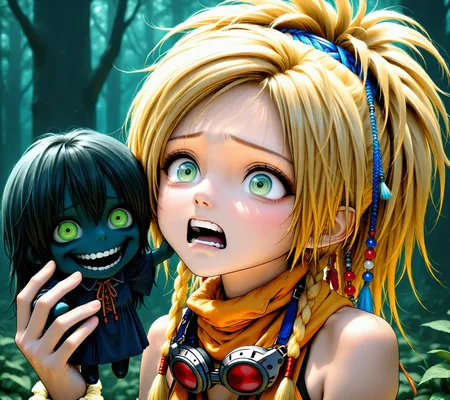 rustle, 1girl, (rikku \(ff10\)), holding a creepy evil doll, scared, full of panic, final fantasy x-2, masterpiece, best quality, <lora:illustriousXL_stabilizer_v1.93:0.5> vibrant colors, green eyes, <lora:Body Type_alpha1.0_rank4_noxattn_last:1.3> <lora:backgroundon:1.2>