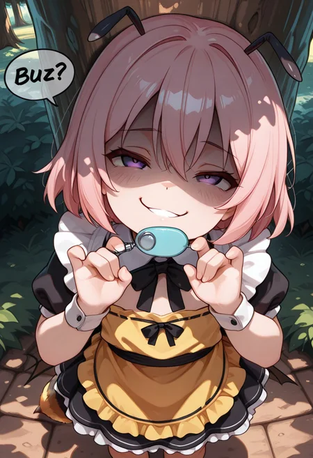 masterpiece, BEST QUALITY, solo, aged down,
short body, short hair, round face,
short limb,
looking up,
tilted head,
under tree,
shadows from tree canopy on her,
sunny day,
CivChan, purple eyes, pink hair, arranged maid outfit,
flat breasts, park, from above, shaded face, (smug:1.2), head tilt,
open eyes,
Bee girl mixture costume,
bee tail. bee wing,
yellow and black stripe apron
cpbt
folded elbow,
1 yellow oval crime prevention buzzer holding at her mouth,
pulling gesture,
clenched teeth,
(1tongue out:0.6),
tongue below
unholy-aesthetic
BREAK
2.5D REALISTIC
ABSURDRES
AMAZING QUALITY
BALANCED HISTGRAM on subject
CONTRAPPOSTO
LOW-KEY HISTGRAM ON BG
NEWEST
PERSPECTIVE
SOLO FOCUS
ULTRA DETAILED EYES, EYE HIGHLIGHTS
ULTRA DETAILED FACE
VERY AESTHETIC
very awa
(simple speech bubble beside her face:1.4)
(asking buzz at speech bubble with black letter content is "buzz?":1.4)