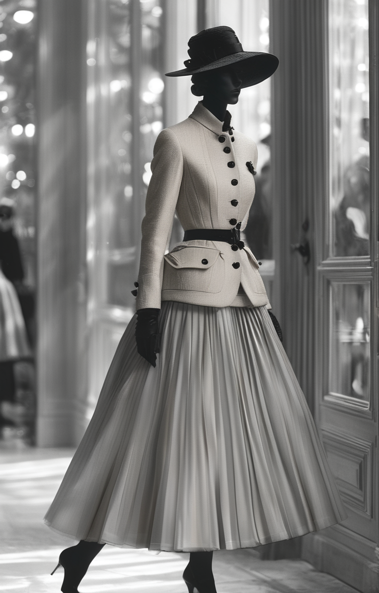 masterpiece,best quality,<lora:tbh322-sdxl:0.9>,illustration,style of Christian Dior Classic Dior 'Bar Jacket', structured silhouette, neutral tones, Parisian chic street style