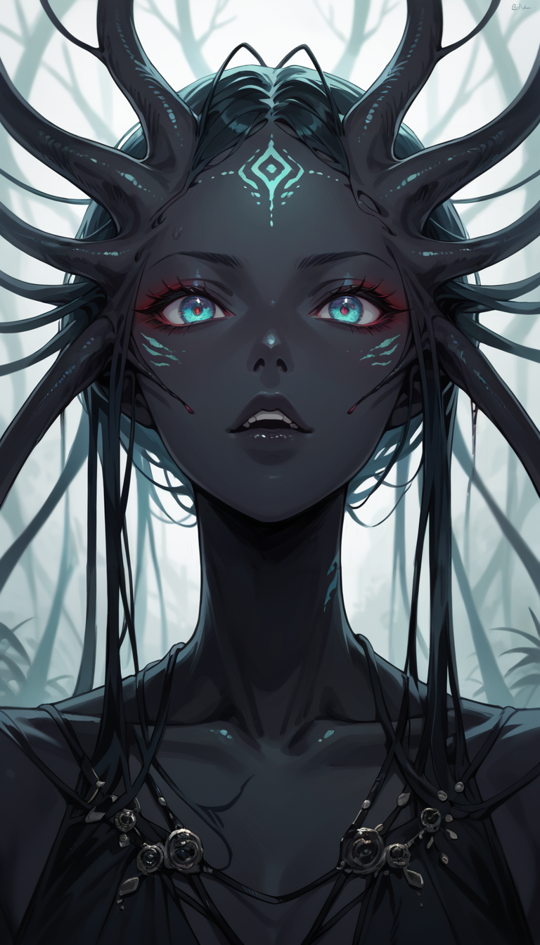 score_9, score_8_up, score_7_up, Anime Style, Portrait, alien figure, black skin, blend of organic and artificial elements, eerie atmosphere, contrasting colors and textures, natural and artificial components, alien, scifi background, dystopian, organic meets artificial, dark, depth of field, dynamic angle, fashion photography, sharp, hyperdetailed:1.15