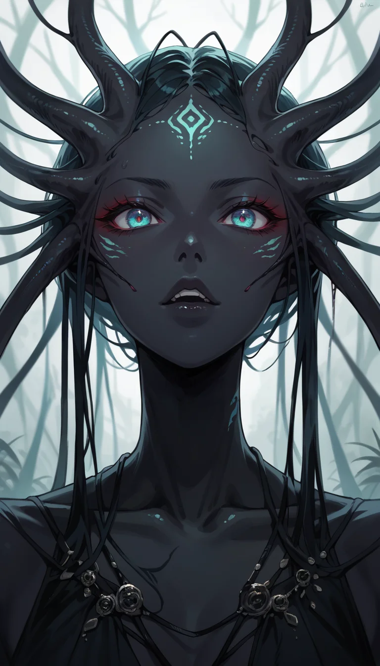 score_9, score_8_up, score_7_up, Anime Style, Portrait, alien figure, black skin, blend of organic and artificial elements, eerie atmosphere, contrasting colors and textures, natural and artificial components, alien, scifi background, dystopian, organic meets artificial, dark, depth of field, dynamic angle, fashion photography, sharp, hyperdetailed:1.15